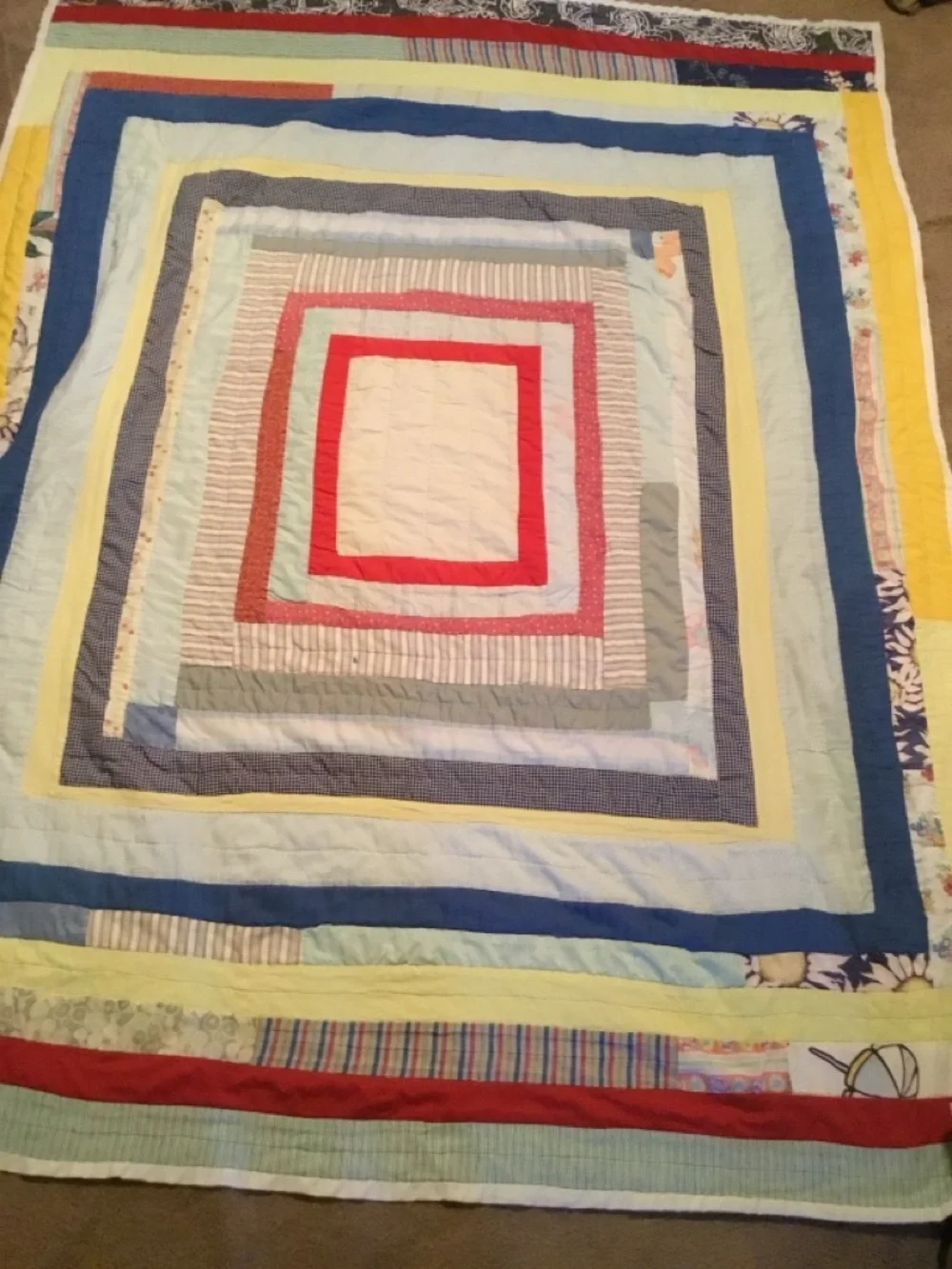 Handmade Multicolor Patchwork Quilt - Blue, Yellow, Red Accents